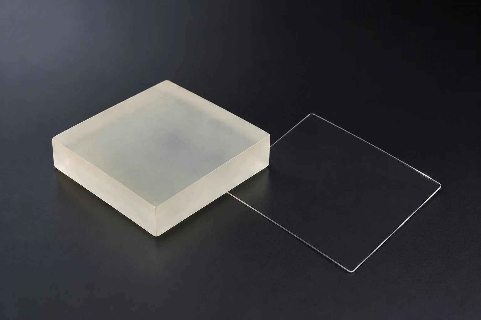 Frosted fused silica block beside a thin transparent optical plate