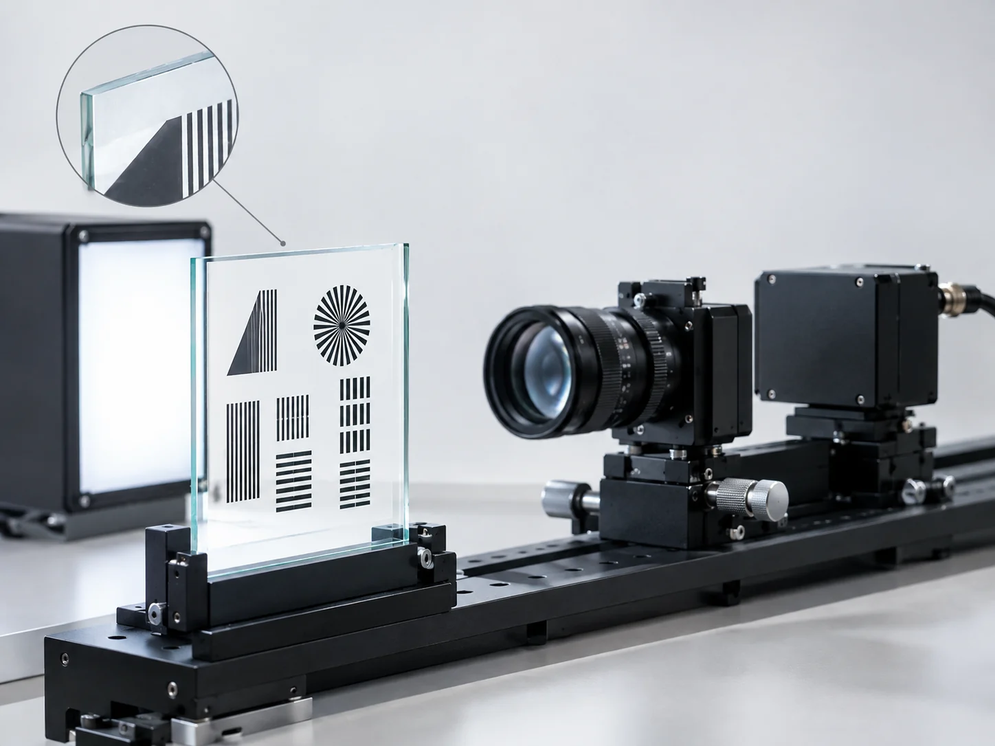 Camera viewing a glass reticle with line-pair and Siemens-star test patterns