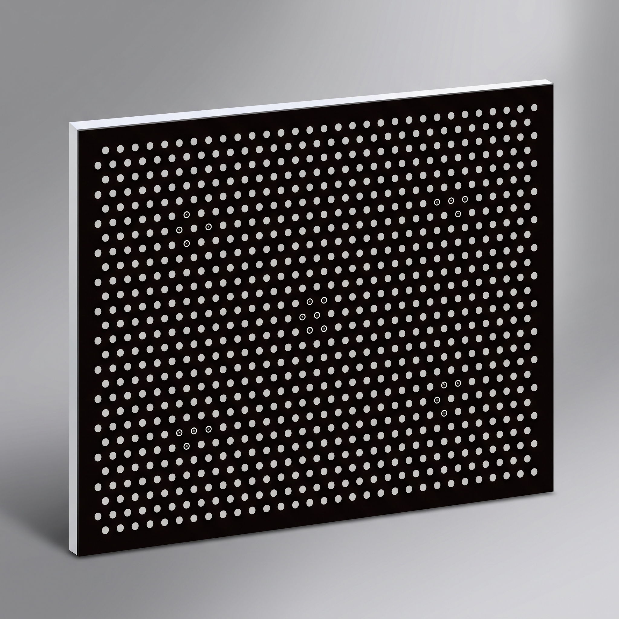 Hexagonal circle-grid calibration plate with light dots on a dark field and ring-shaped finder marks
