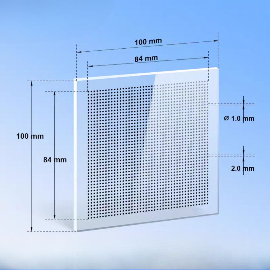 100 mm square glass dot-array plate with a dense pattern and dimension callouts
