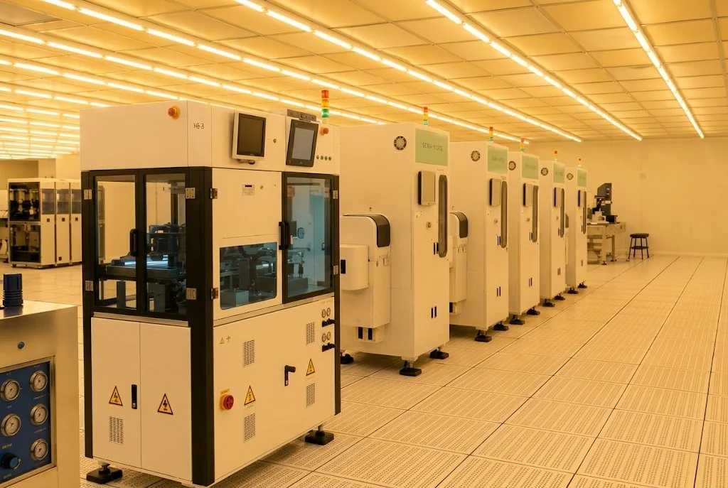 A cleanroom with automated equipment, observation windows, status indicator lights and raised perforated flooring in an industrial environment