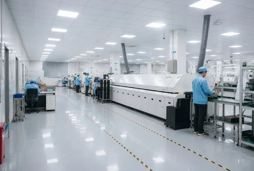 An electronics manufacturing cleanroom with an automated SMT placement line, workers in blue cleanroom suits, and material handling stations