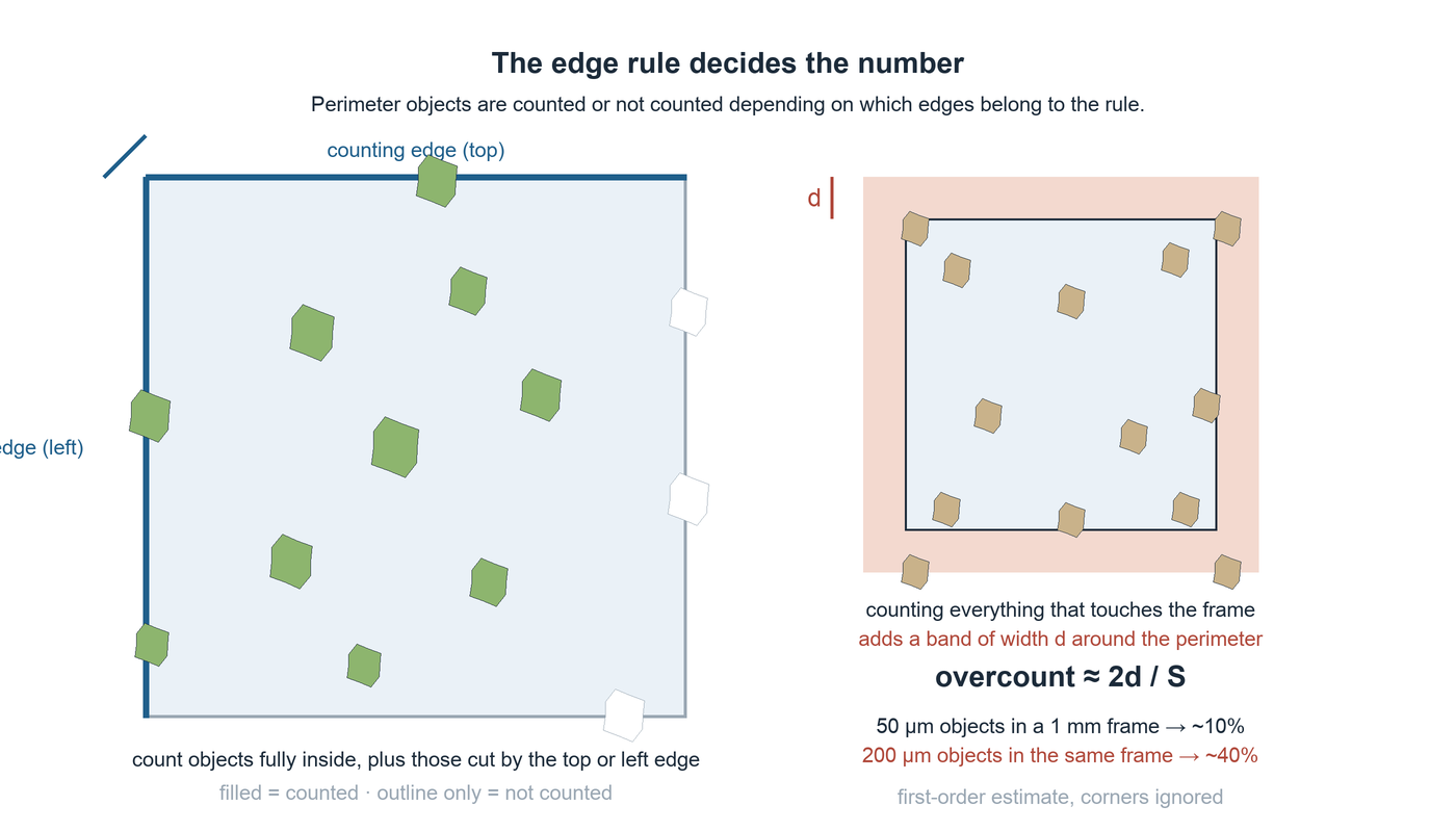 Left: a counting frame whose top and left edges are marked as counting edges, with objects fully inside or cut by those edges counted, and objects cut by the other two edges excluded. Right: the overcount band of width d that appears when every object touching the frame is counted, with the estimate overcount ≈ 2d/S
