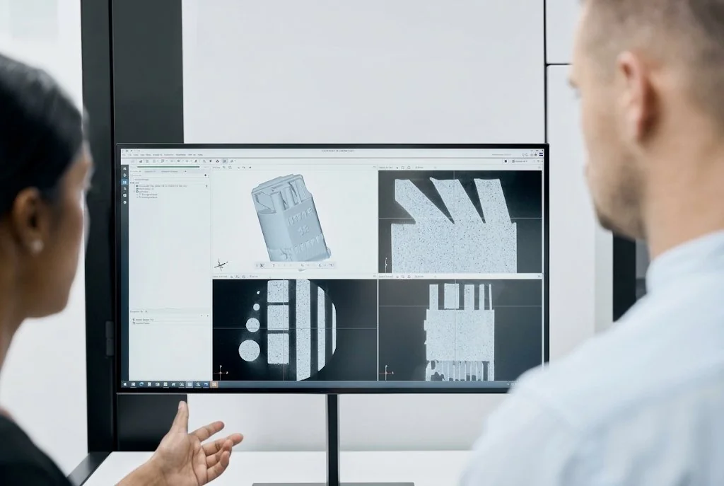 Two engineers reviewing a monitor showing several panels of microscopy images and dimensional measurement software, discussing how a feature is measured