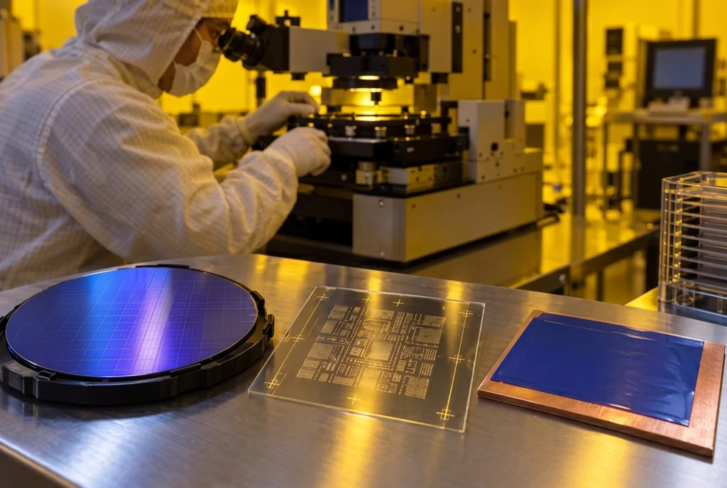 Photolithography cleanroom bench with a chrome photomask, a photoresist-coated glass plate and a wafer in a carrier