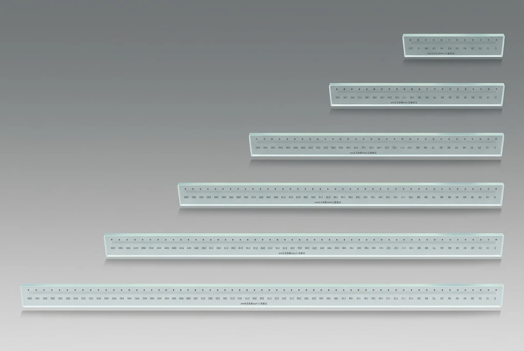 Six glass linear scales arranged by length on a neutral grey background